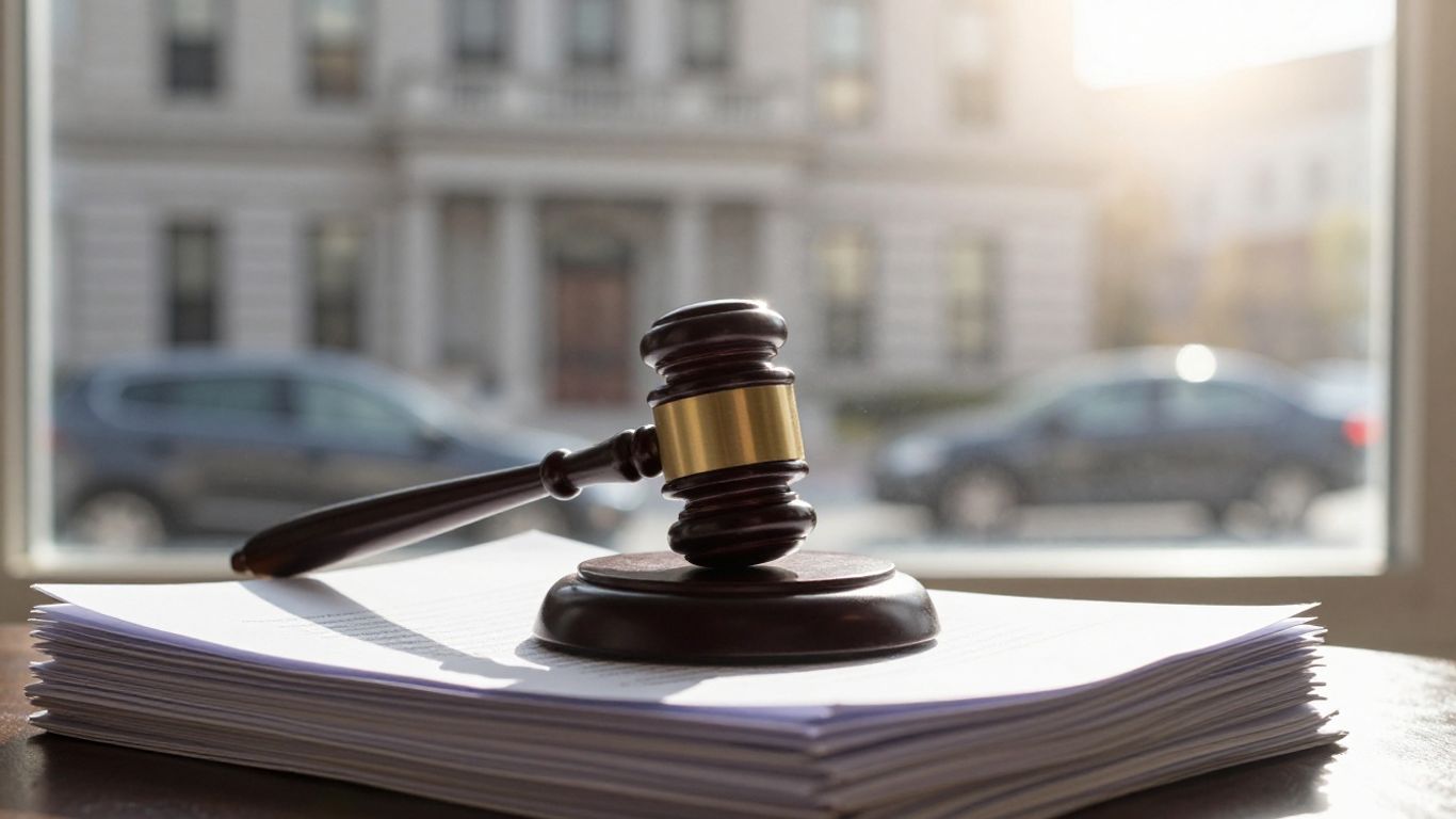 Gavel on documents with courthouse and car background.