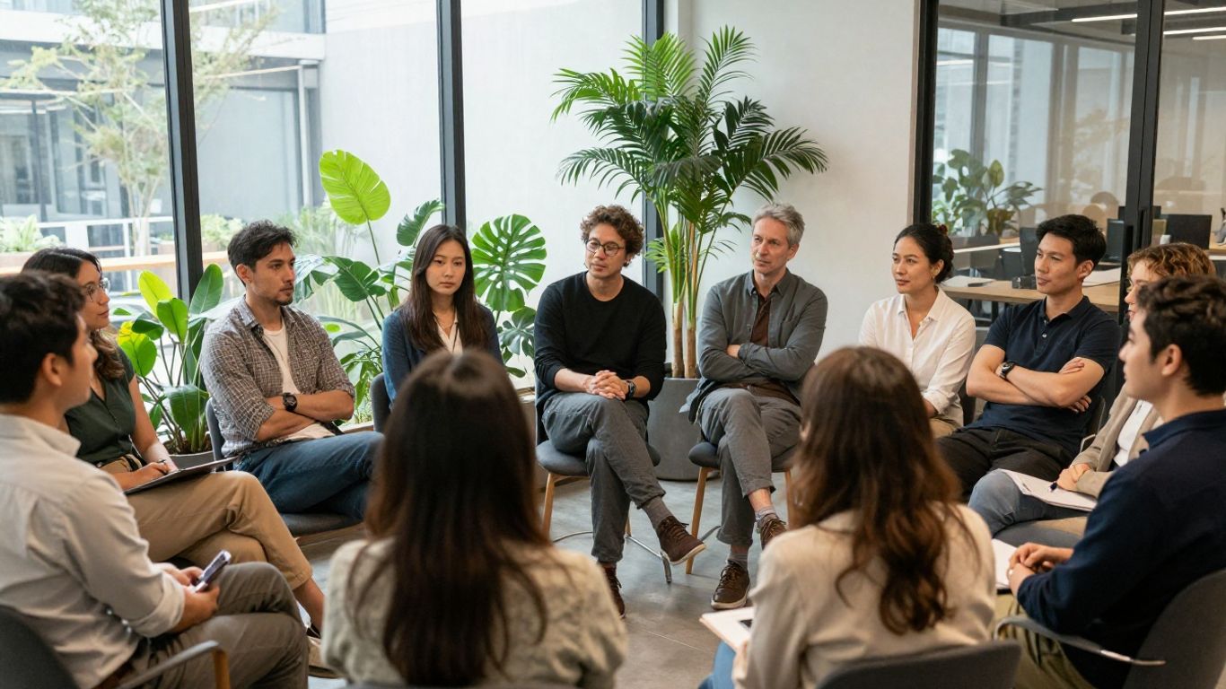 Small networking group sharing career experiences