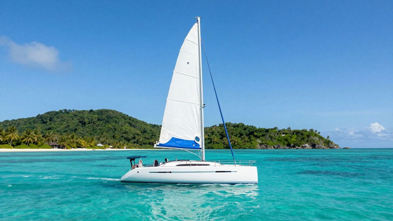 Sailboat on turquoise water near Belize islands.