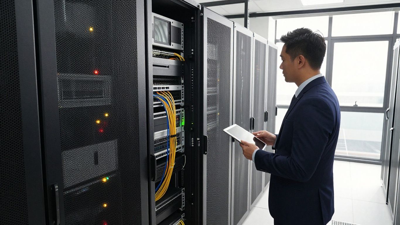 IT professional checking server room compliance with tablet.