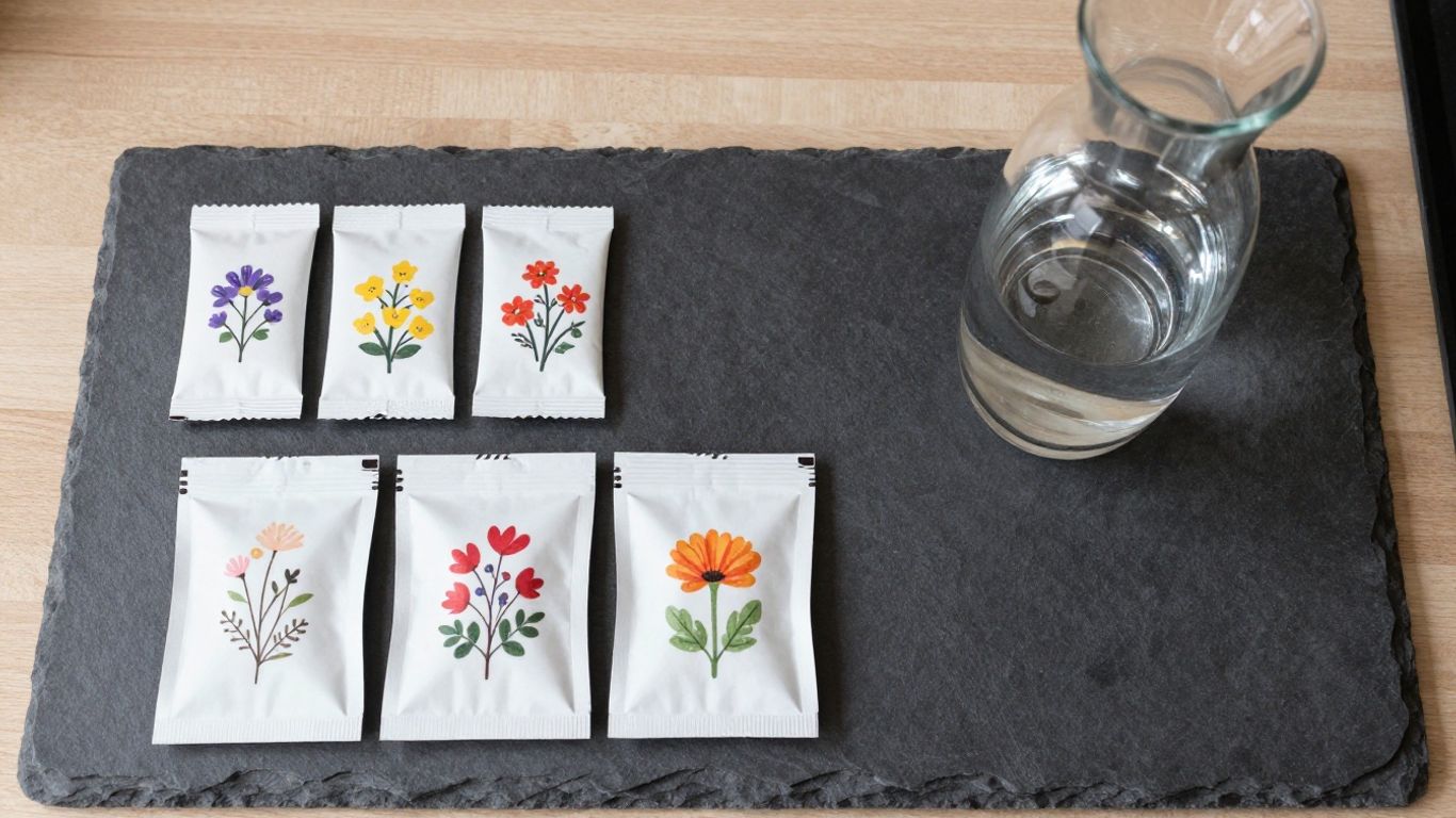 Professional floral food packets next to water