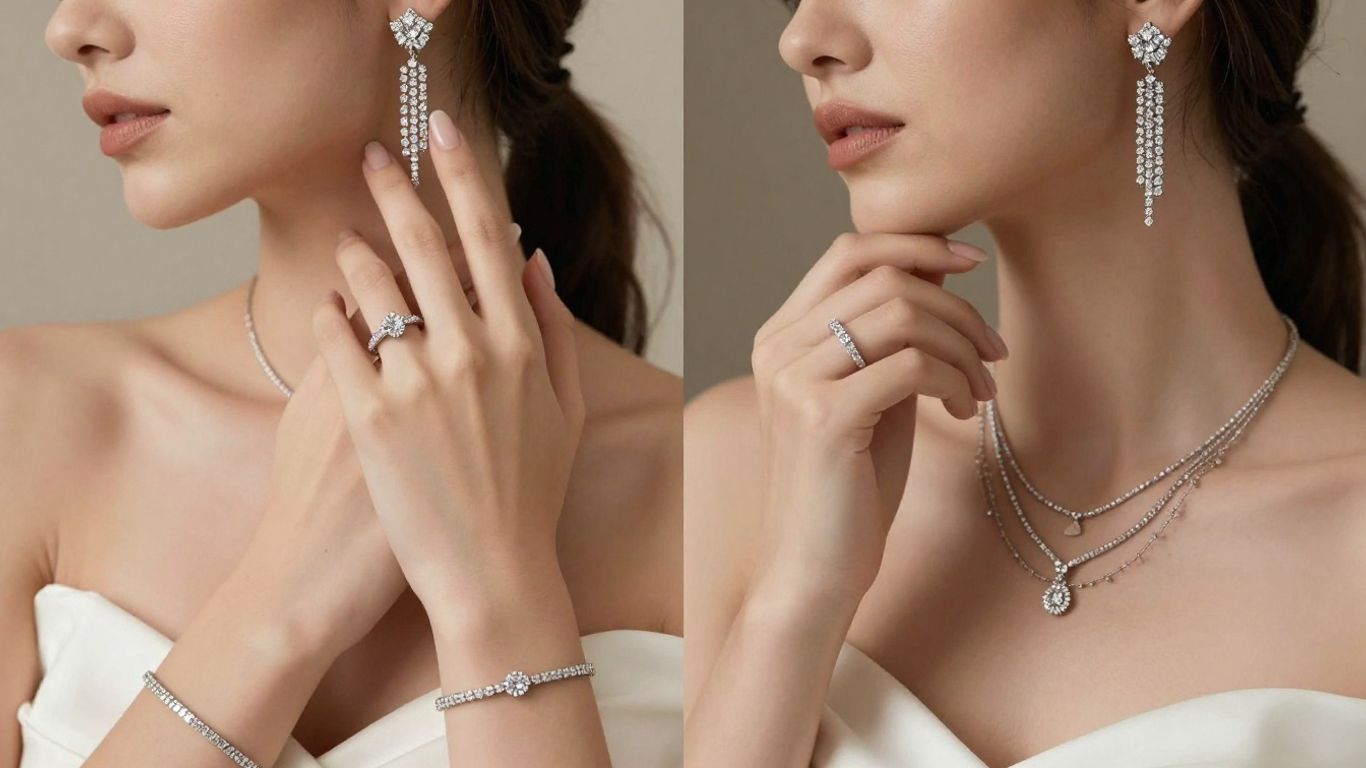 Bride's hands with contrasting minimalist and maximalist jewelry.