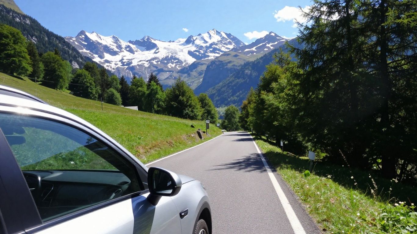 Auto auf Schweizer Bergstraße mit Sonnenschein.