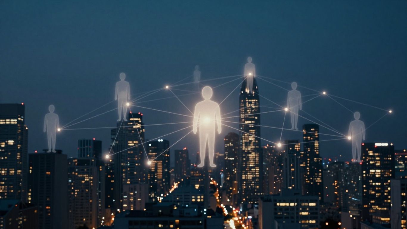 Digital network connecting abstract human figures in a futuristic cityscape.