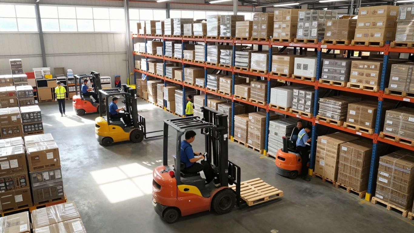 Warehouse operations team managing inventory and forklifts.