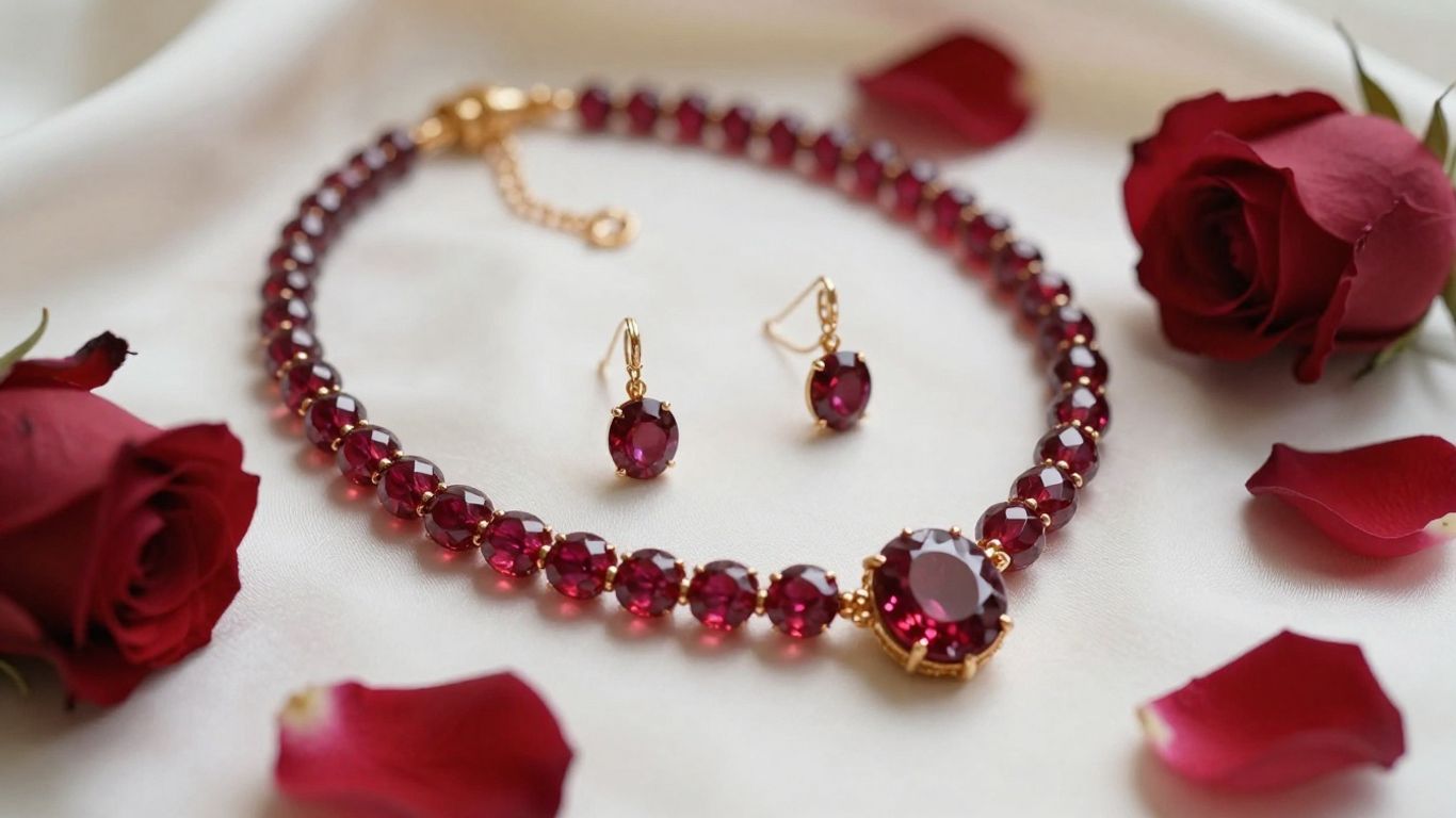 Ruby bridal jewellery arranged beside ivory fabric