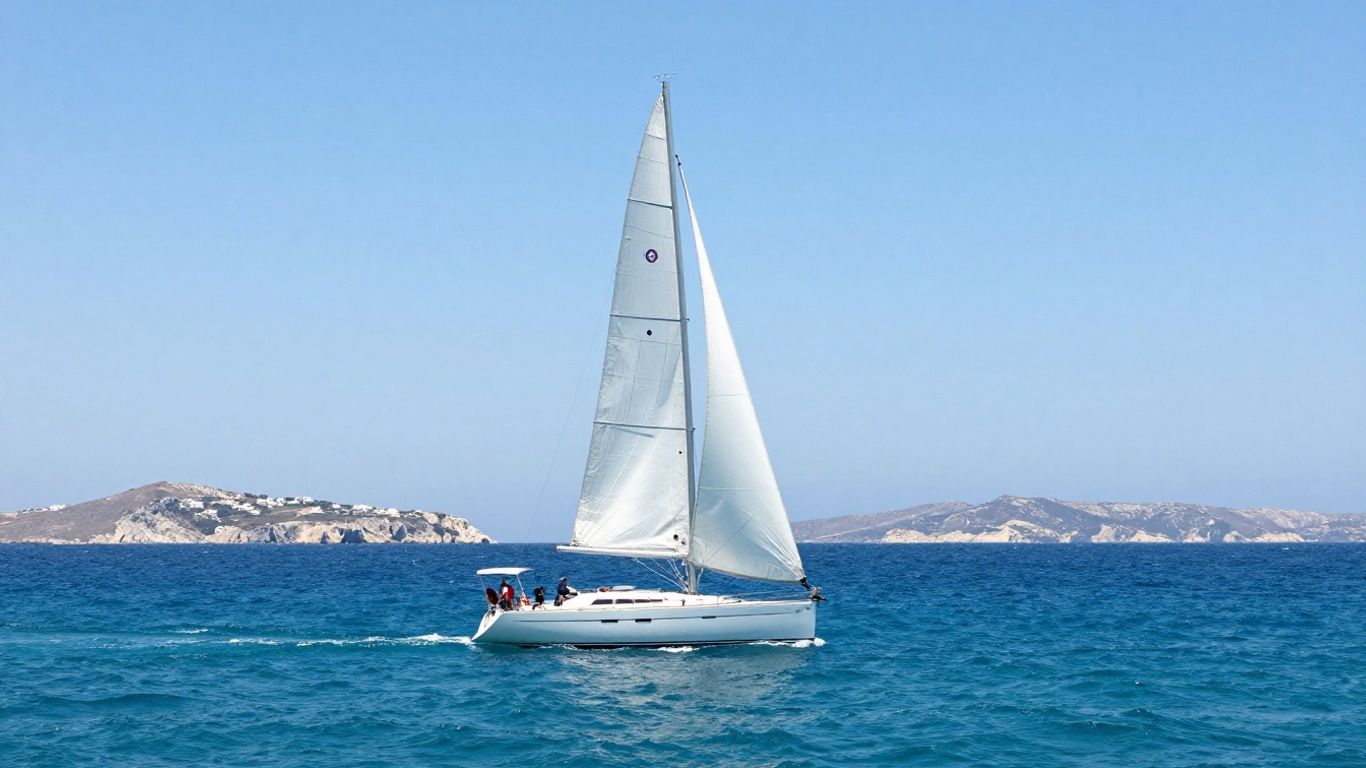 Sailboat on Aegean Sea near Greek islands.