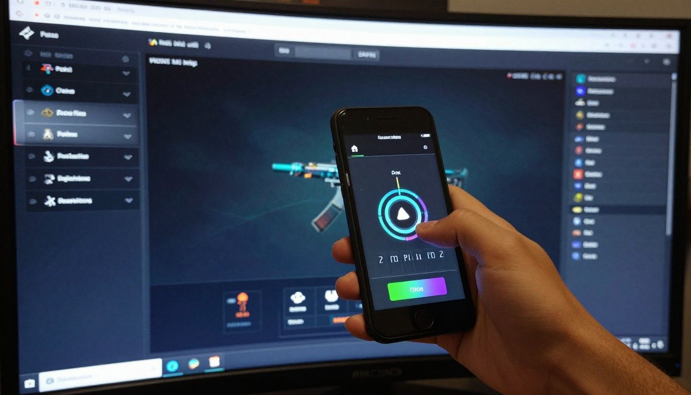 Um jogador focado segurando um celular com o reflexo de um jogo de tiro na tela com luzes neon ao fundo