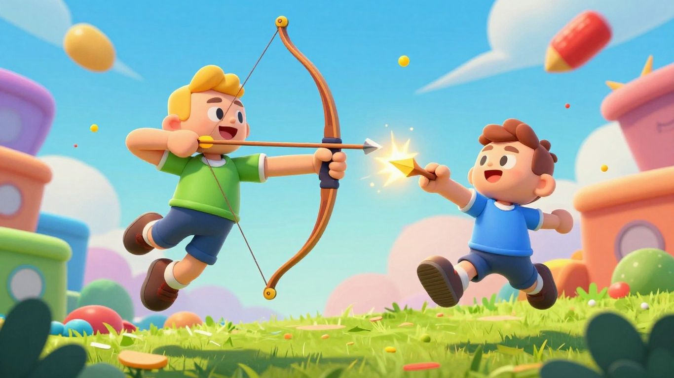 Two ragdolls in a chaotic archery battle.