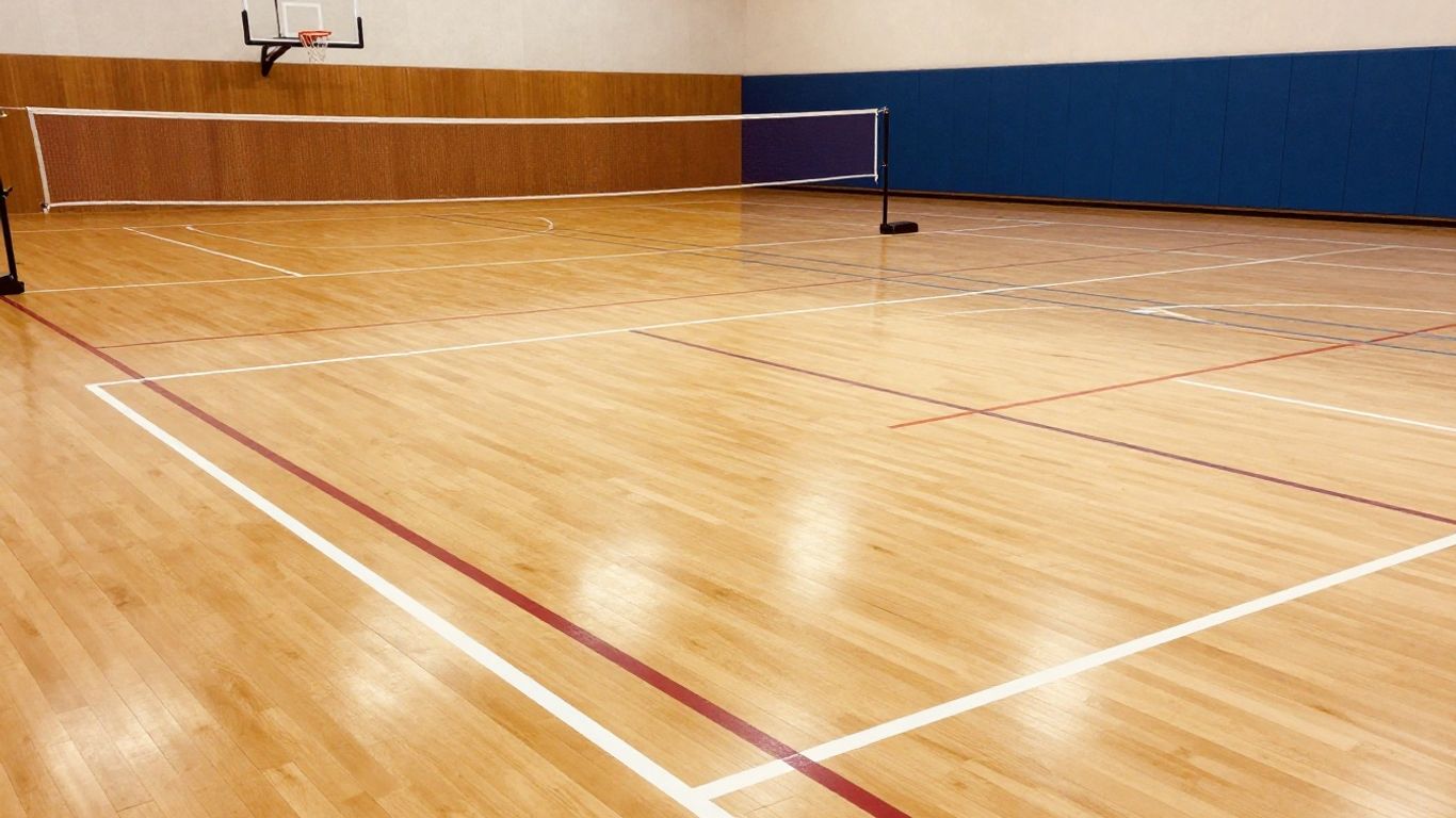 Freshly refinished multi-sports floor with clear markings