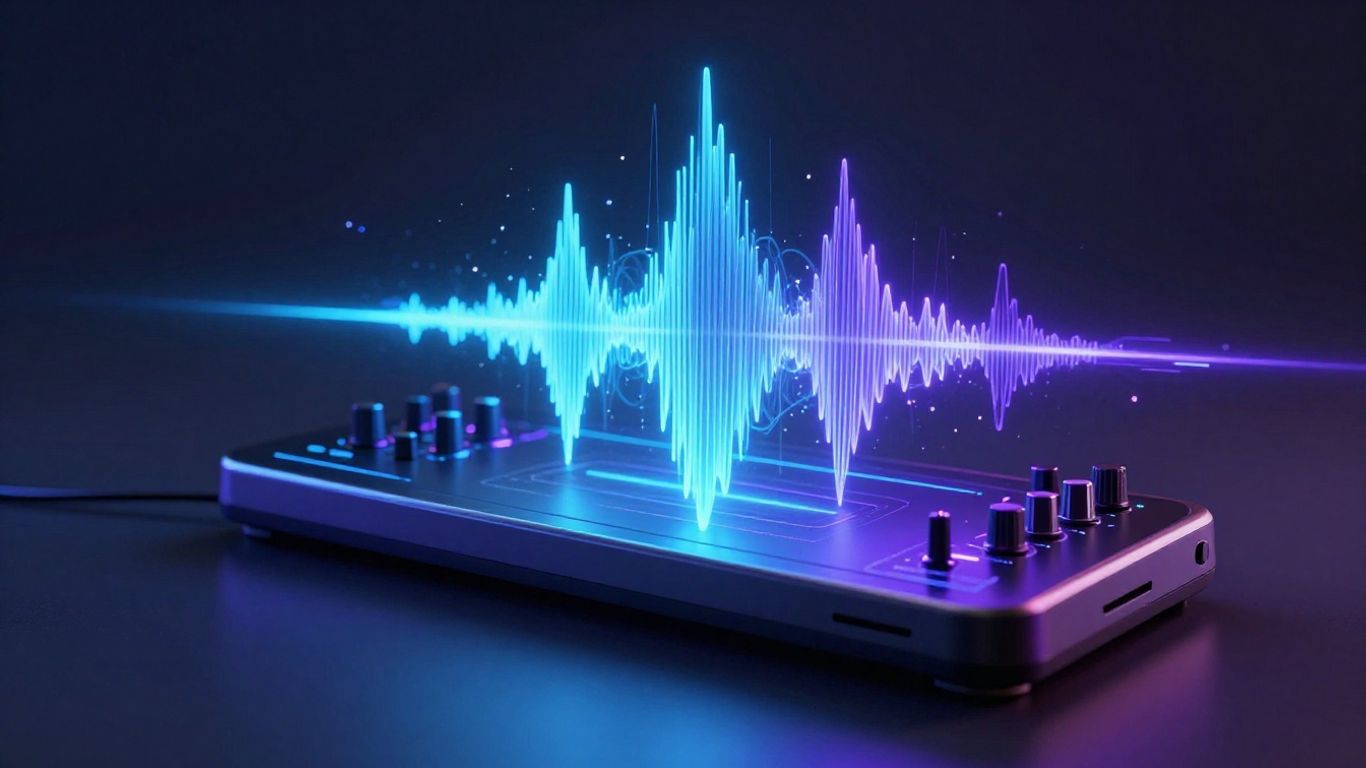 AI music creation interface with glowing sound wave.