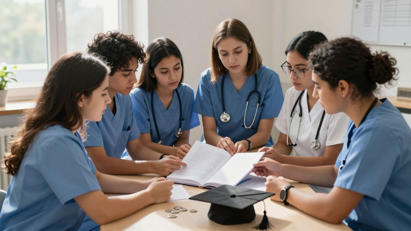 Nursing students studying a handbook with financial aid elements.