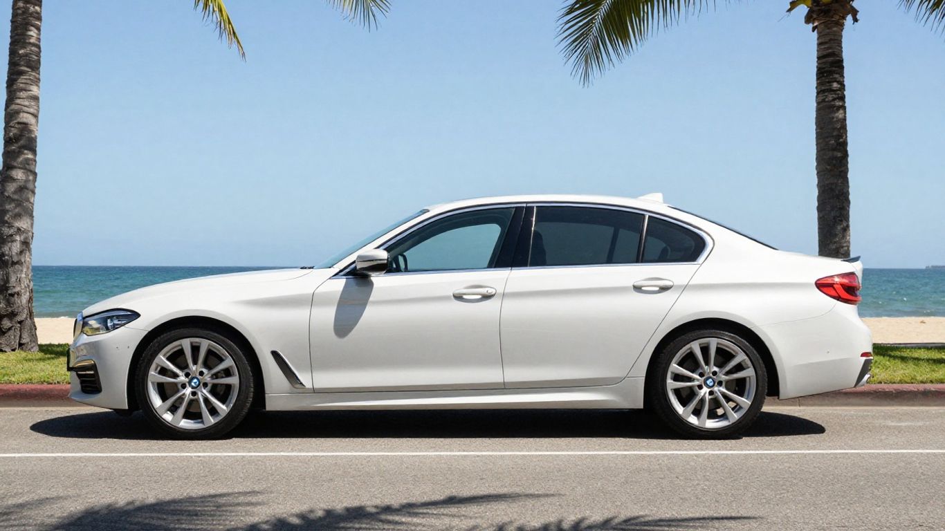 BMW car on Gold Coast street with palm trees.
