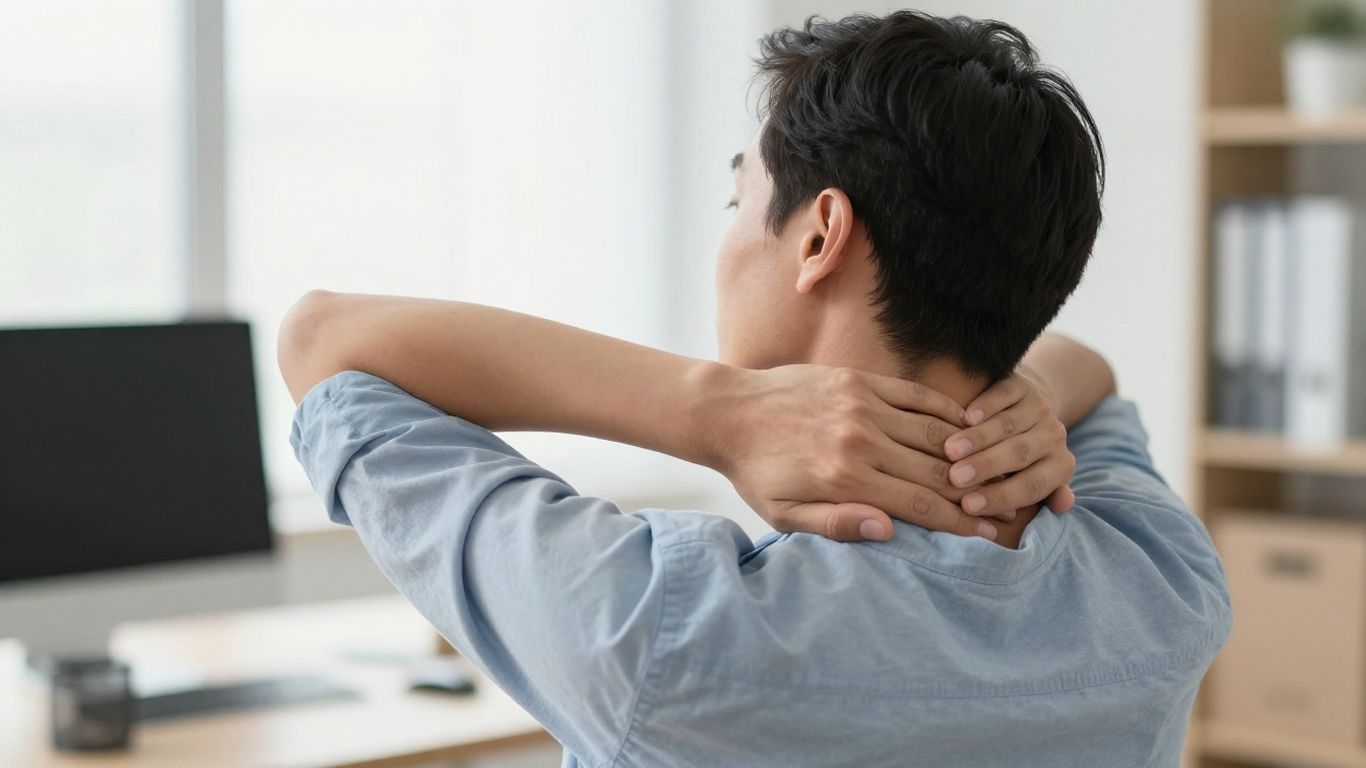 Office worker stretching neck for pain relief.
