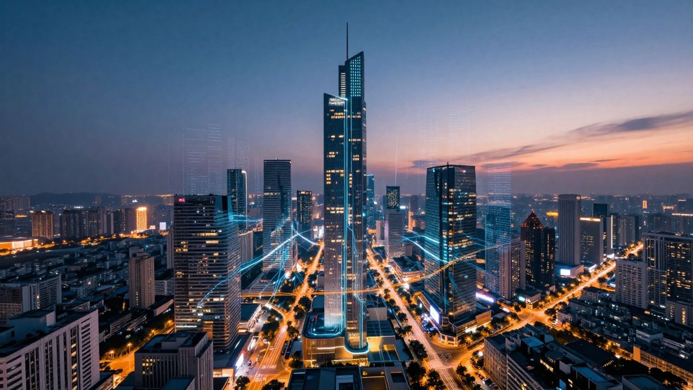 Futuristic cityscape with glowing digital pathways.