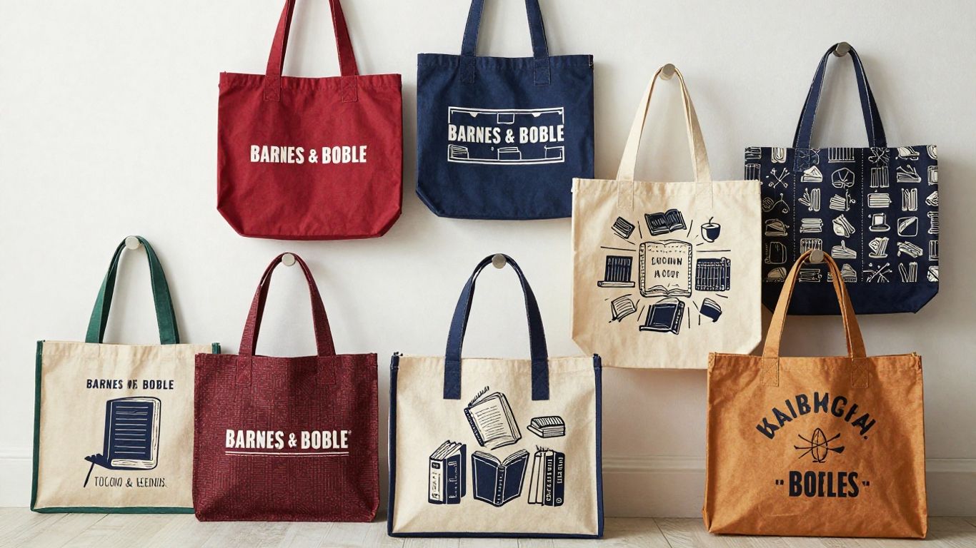 Stylish Barnes and Noble tote bags with book designs.