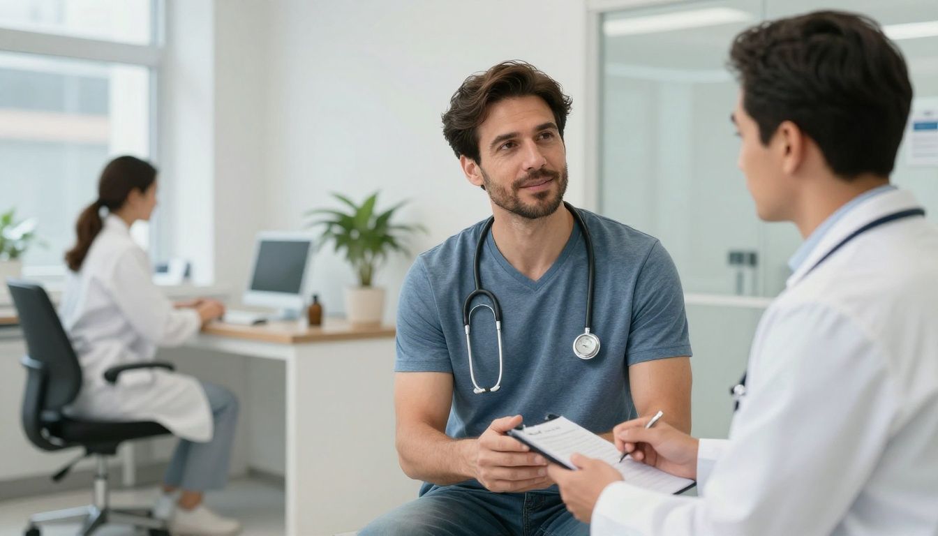 A confident man in his 40s discusses his health progress with a male provider in a modern, upscale clinic setting, conveying a sense of proactive well-being and recovery.
