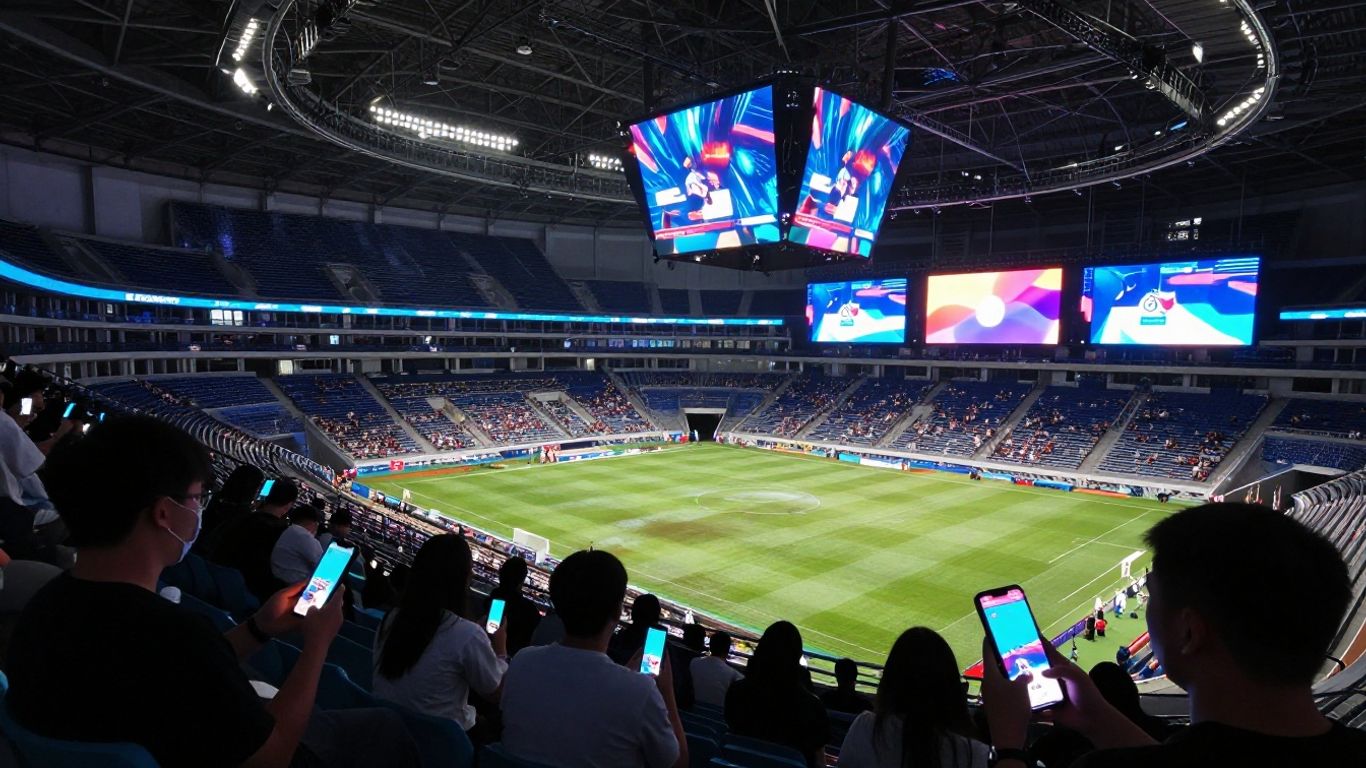 University stadium with modern tech and engaged fans.