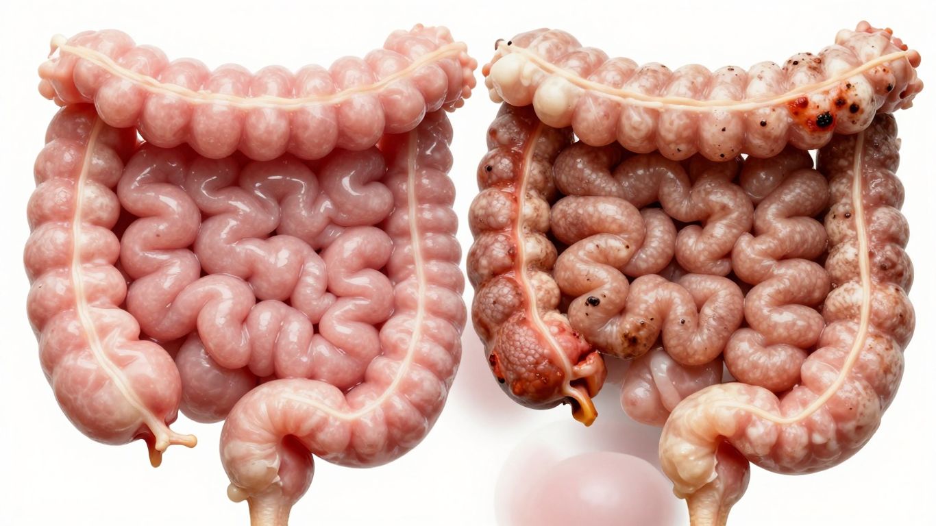 Zdjęcie jelit kurczaka z widocznymi zmianami chorobowymi.