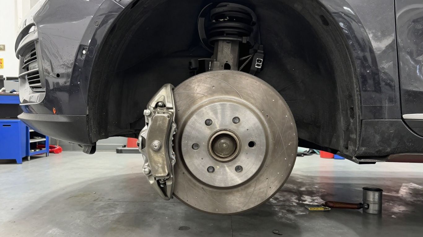 Technician inspecting brake rotor and caliper