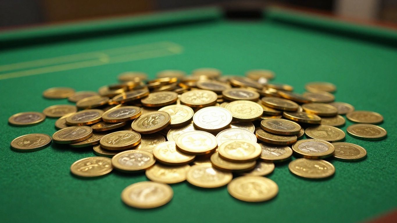 Golden coins and casino chips on green felt.