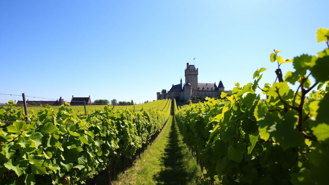 Loire Valley vineyard with castle and blue sky