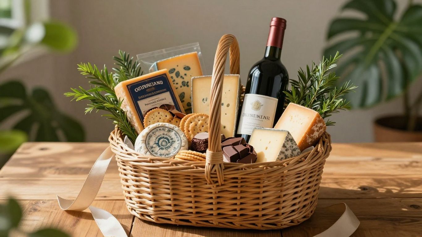 Unique gift basket with gourmet food and wine.