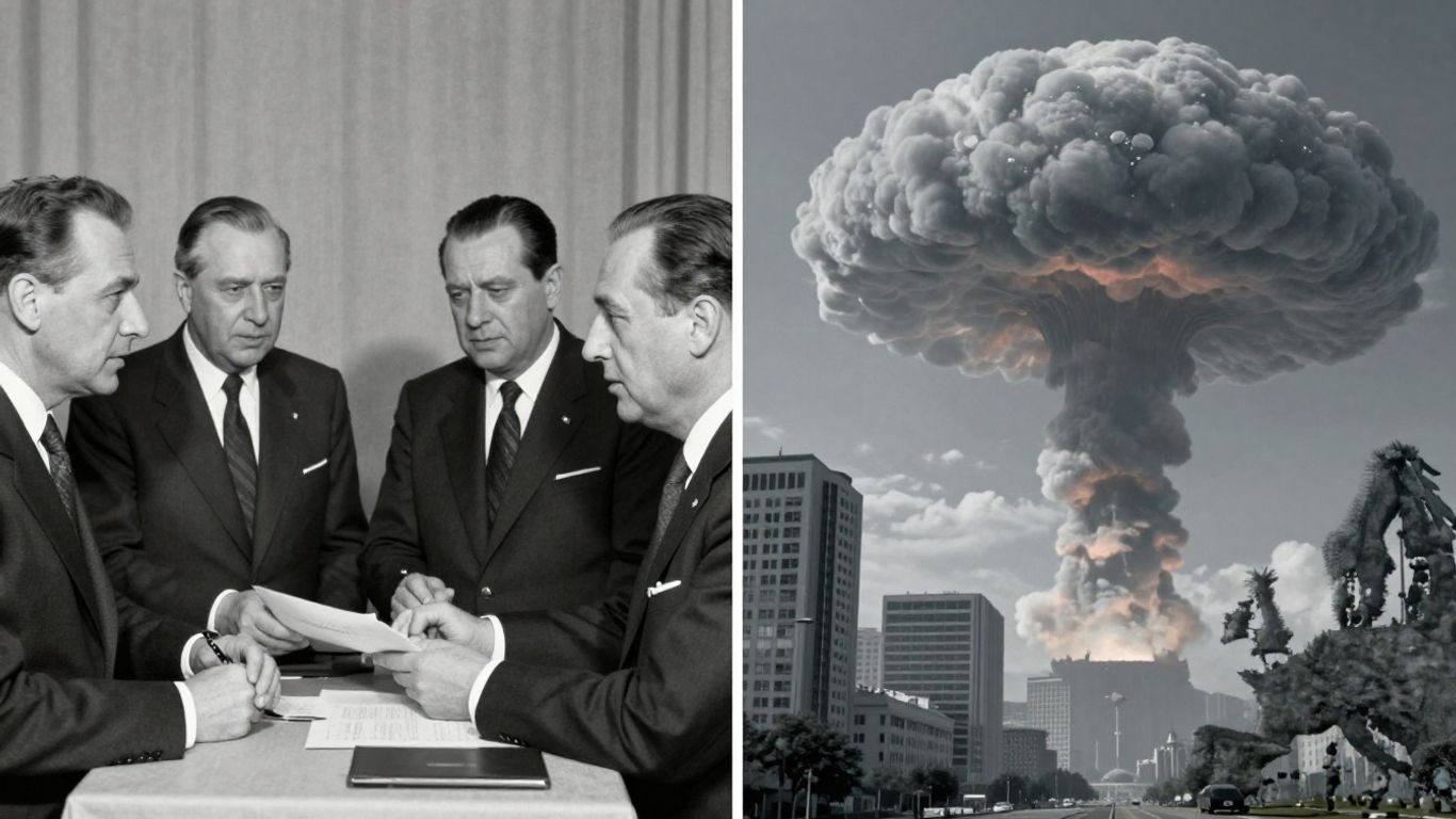 European leaders discussing nuclear war, past and present.