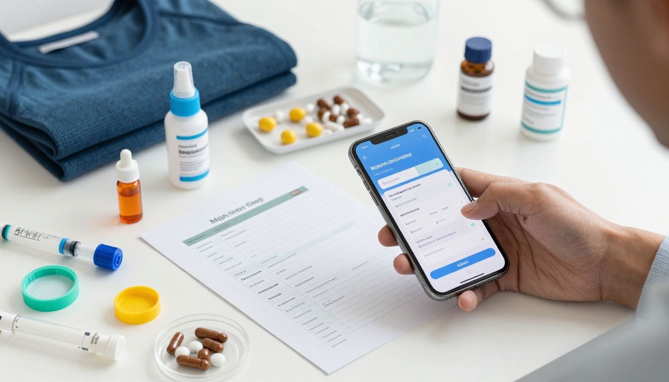 Bright modern health-tech scene with a diverse U.S. adult reviewing an organized injection and supplement protocol on a smartphone beside lab results, fitness gear, recovery notes, and neatly arranged supplies; realistic, clean, energetic, no logos or text