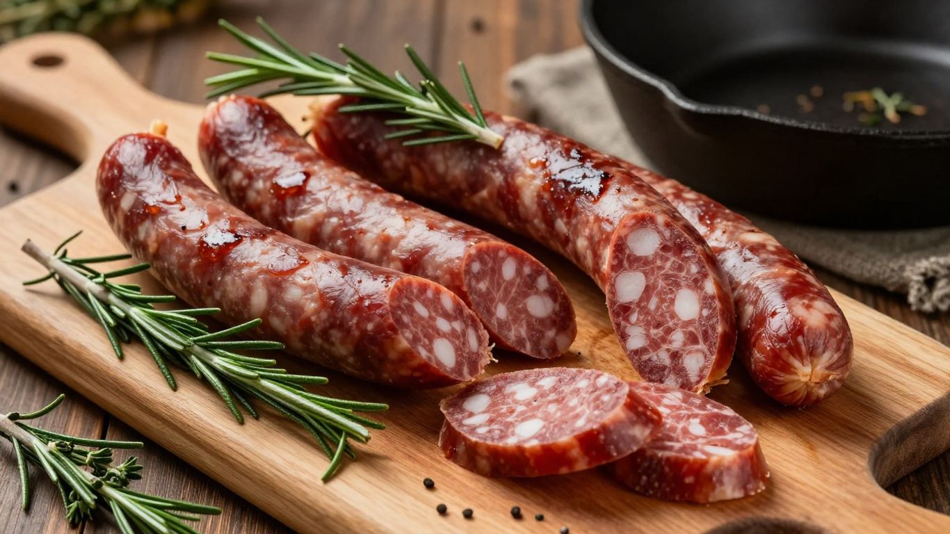 Venison sausages on a cutting board with herbs.