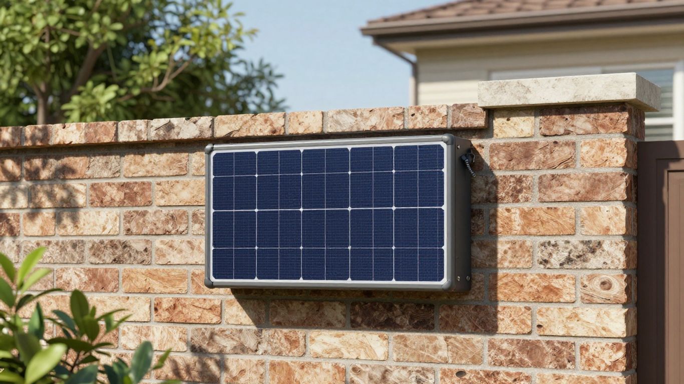 A modern, compact solar battery unit mounted neatly on an external brick wall of a suburban home, surrounded by minimal green foliage.