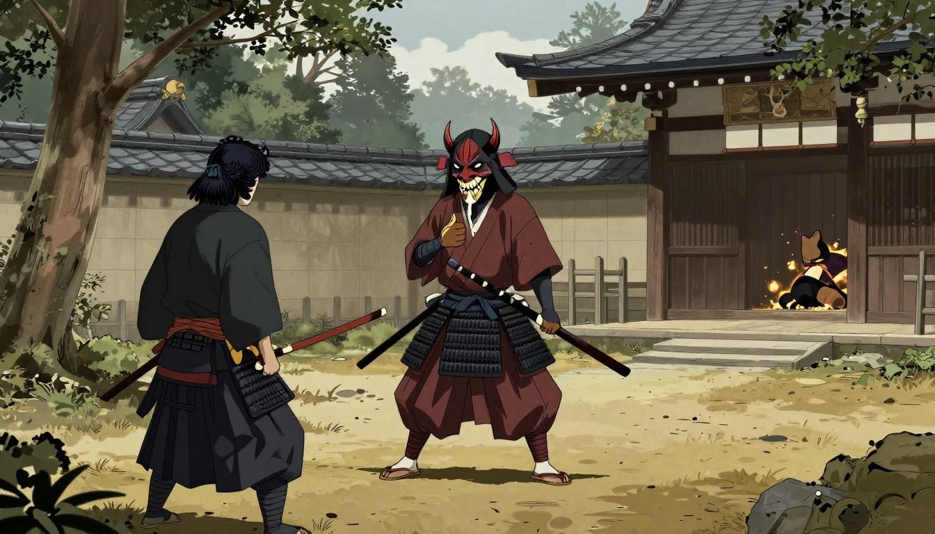 Guerreiro samurai enfrentando um yokai em um cenário sombrio do Japão feudal