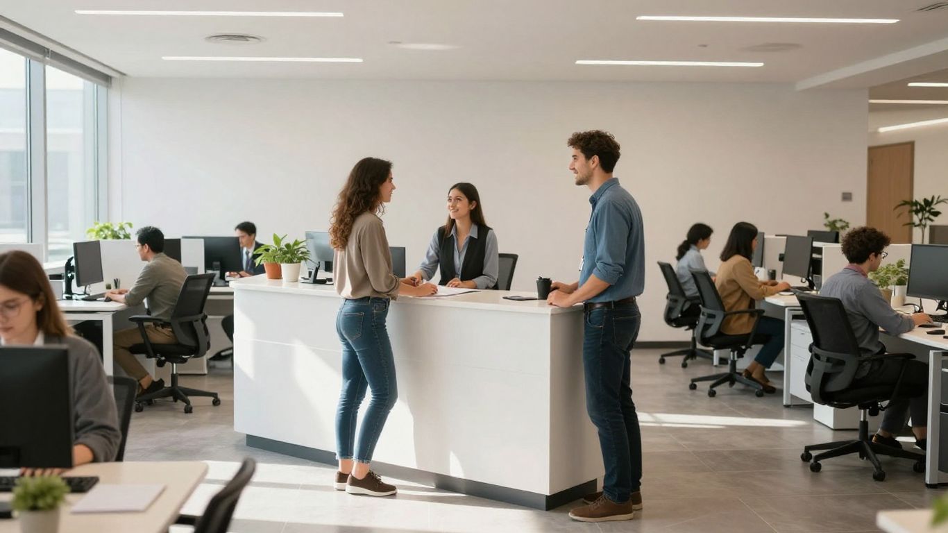 Escritorio de servicio y ayuda con personal sonriente.