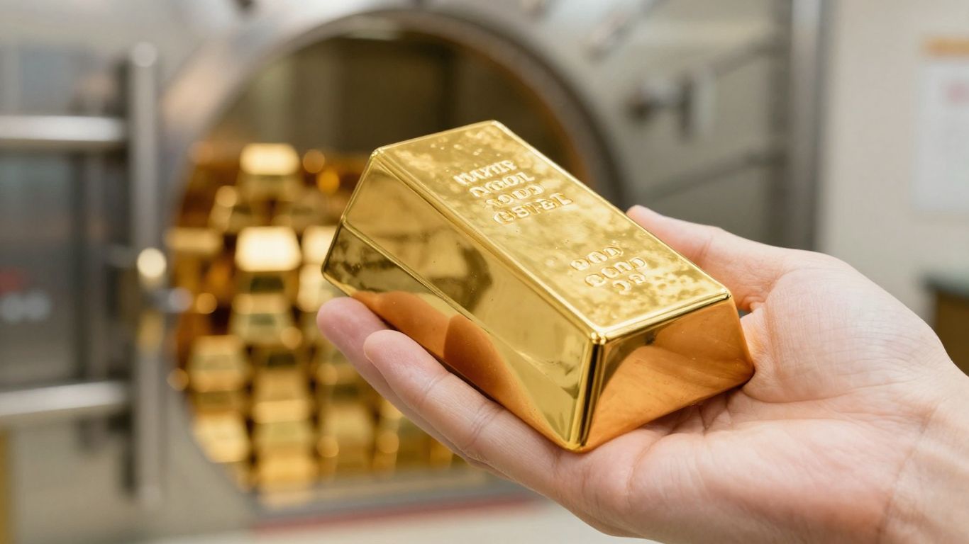 一只手拿着金库里的一根金条。