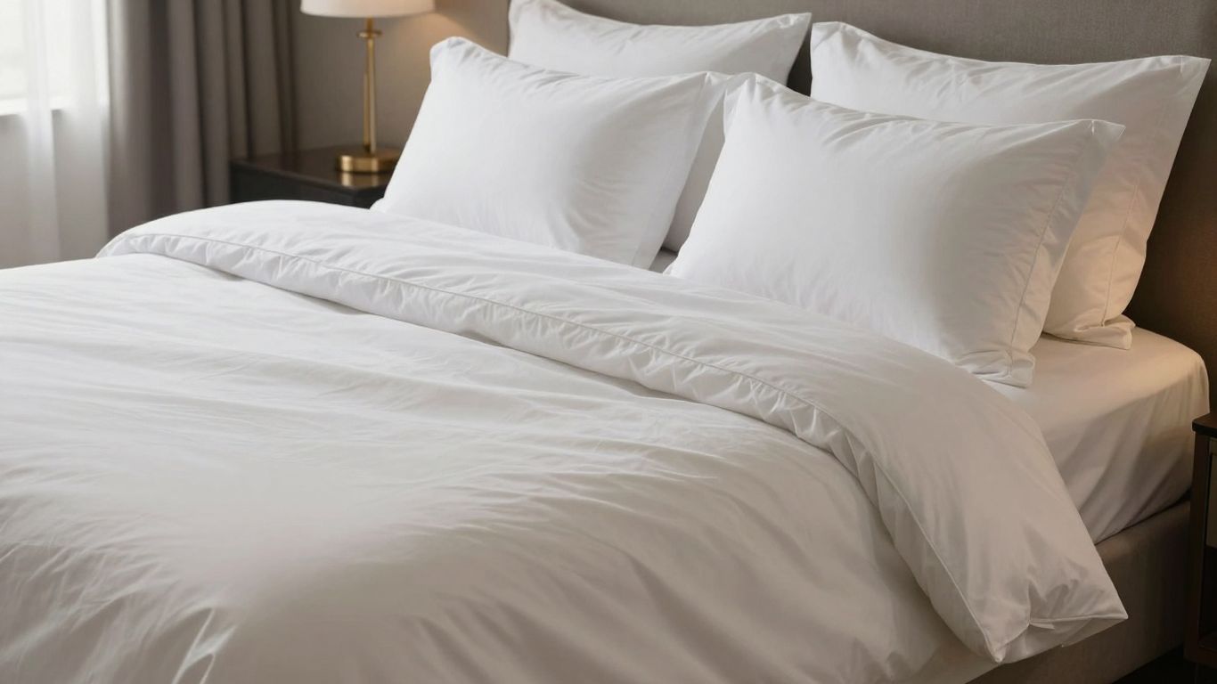 Luxurious bedroom with plush bedding and soft lighting.