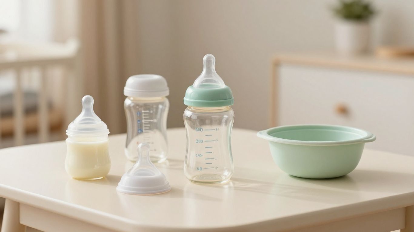 Biberón y tetinas junto a leche materna