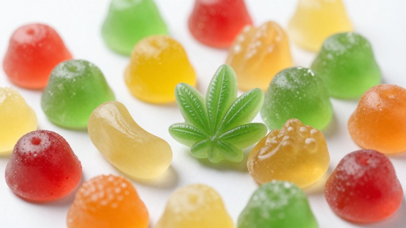 Assorted colorful gummy candies with cannabis leaf design.
