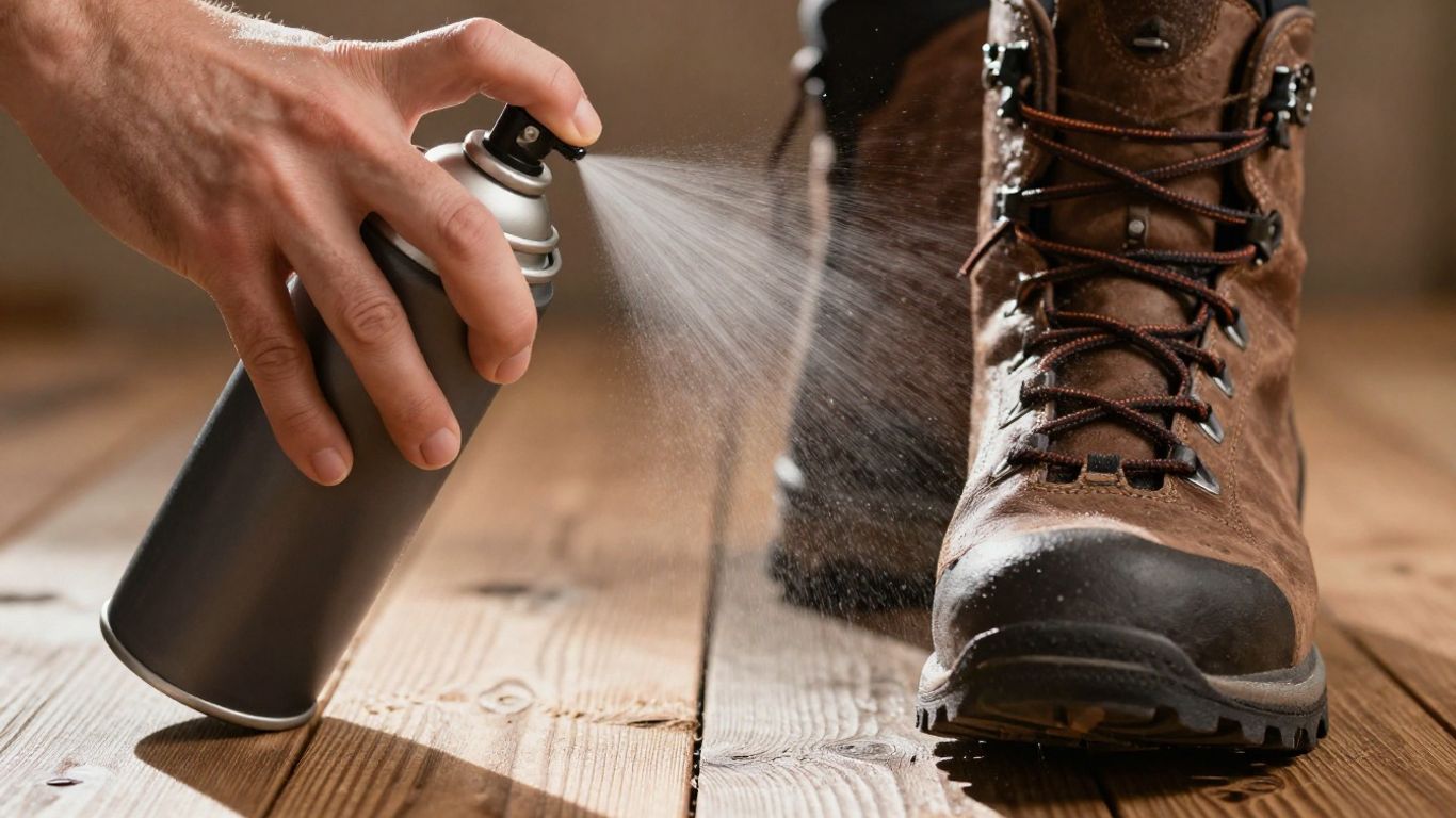 Wanderschuhe werden mit Imprägniermittel besprüht