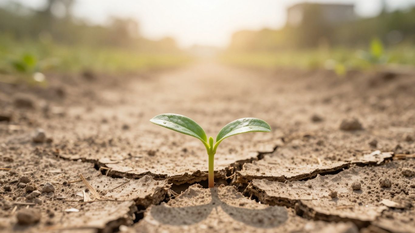 Small sprout growing from cracked earth towards a bright horizon.
