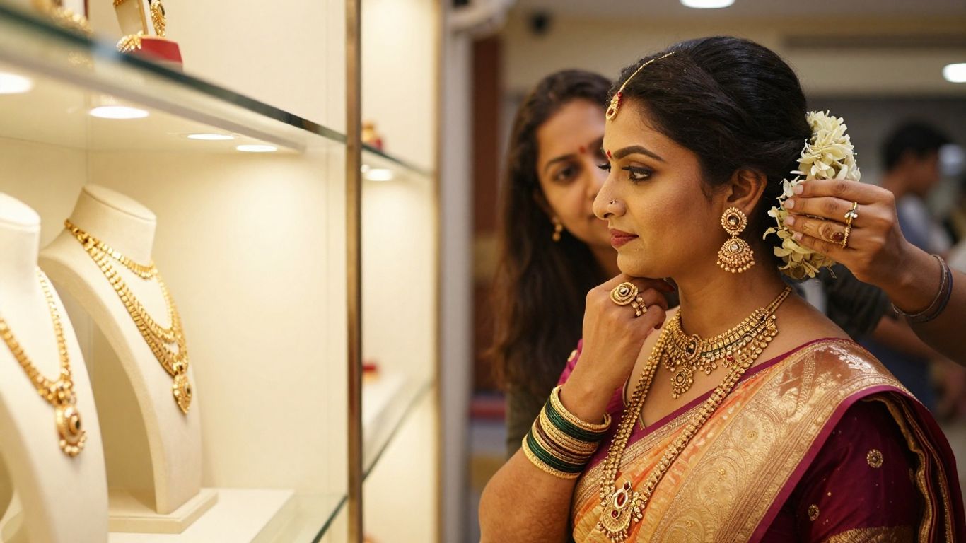 Bridal jewellery consultation with ornate gold sets