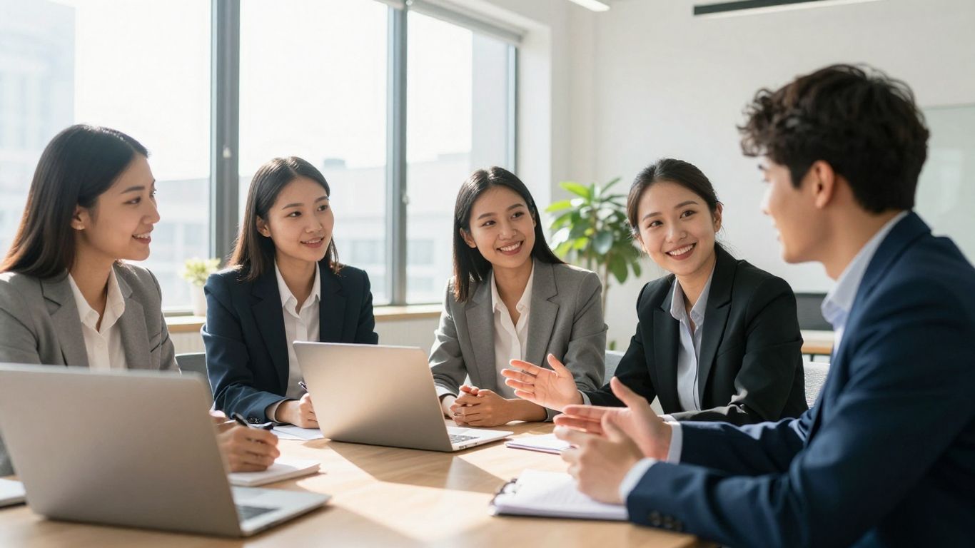 University interns collaborating in a modern office.