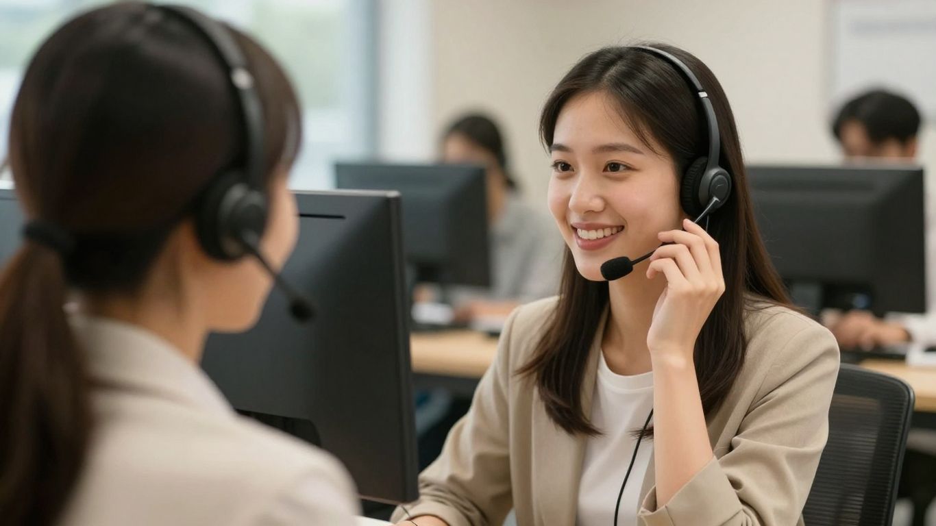 Customer service agent smiling while on a headset.