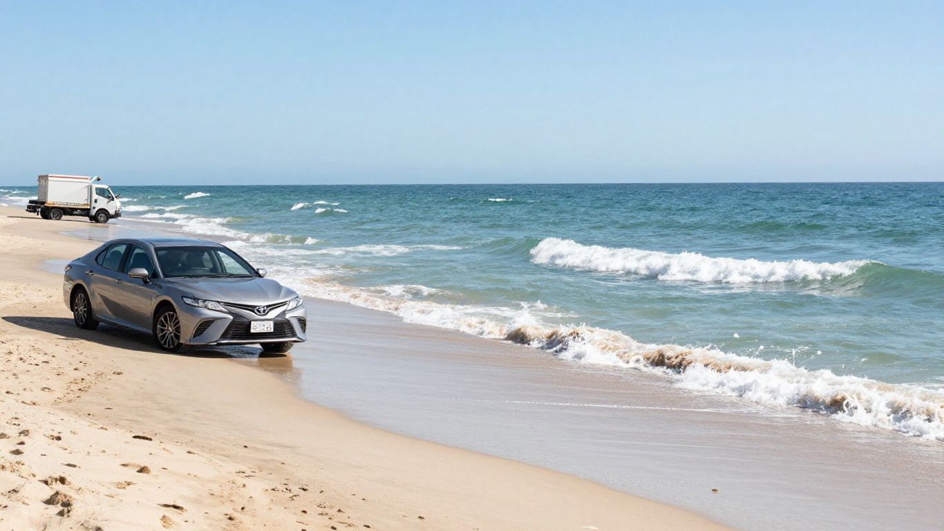 Gold Coast beach with Toyota car and tow truck.