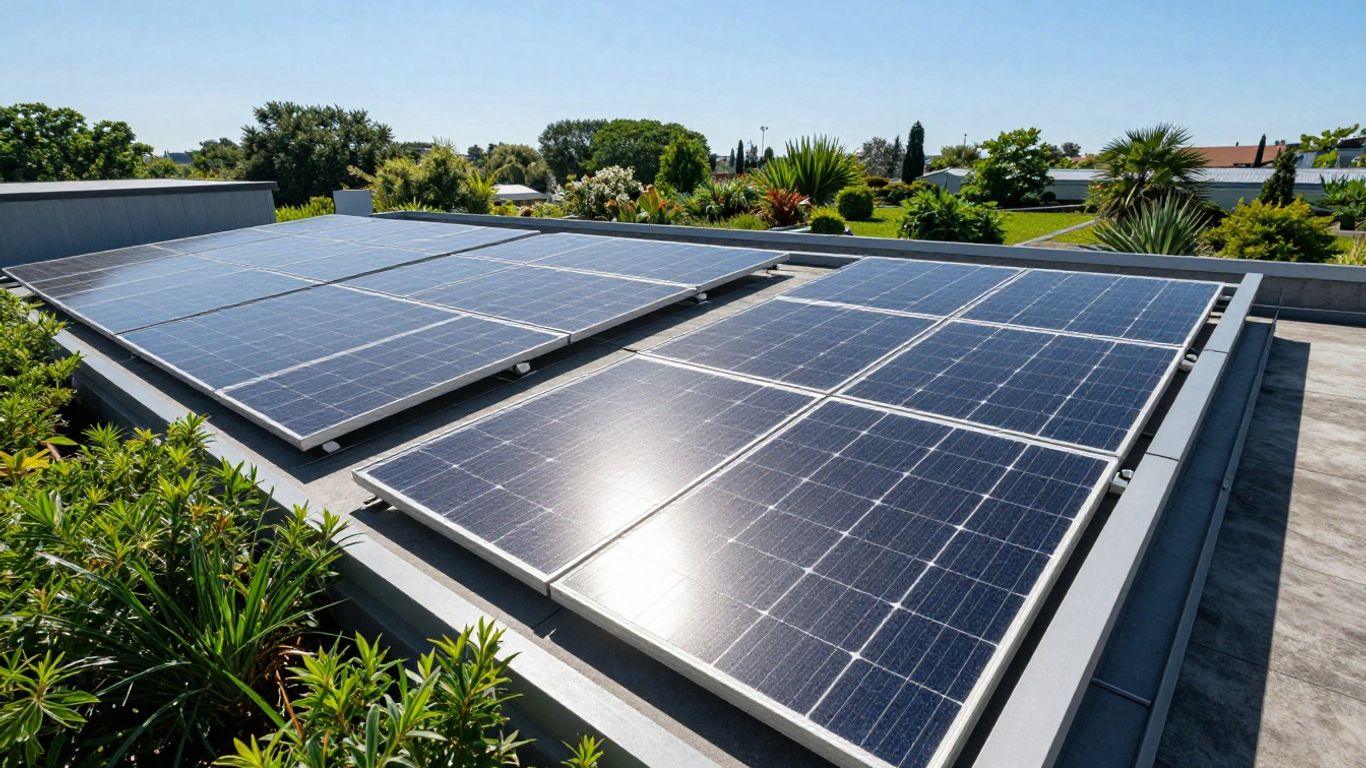 Panneaux solaires sur un toit sous un ciel bleu.