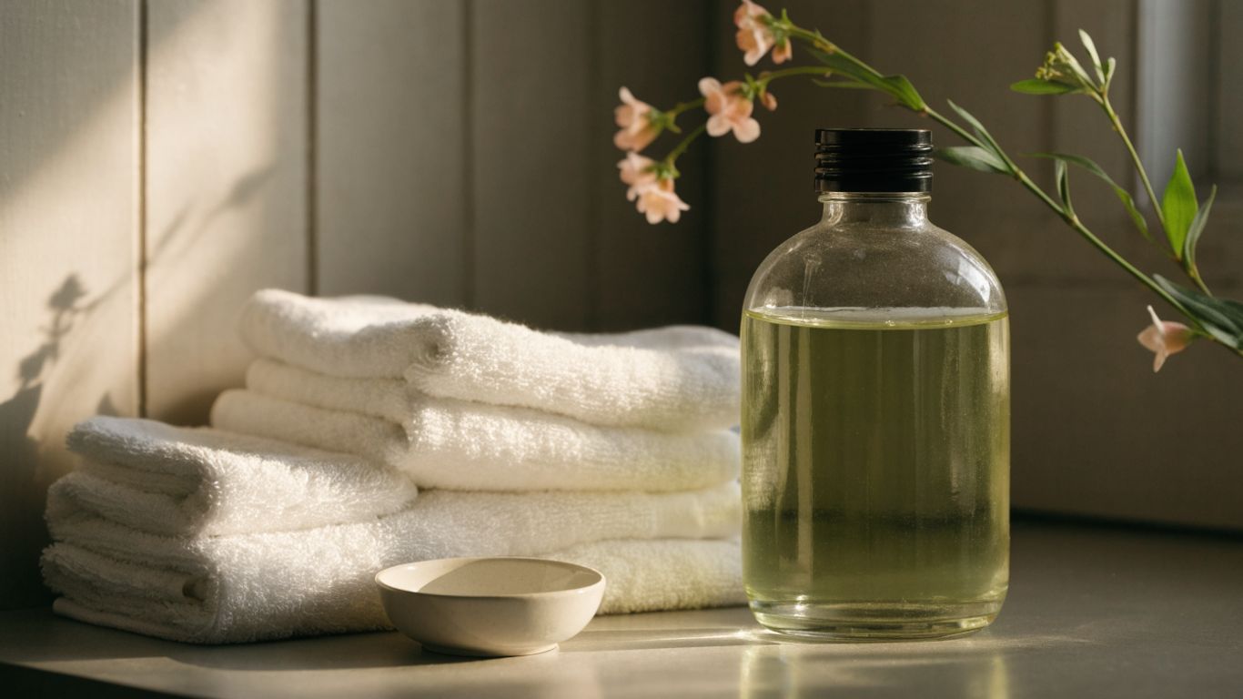 A clear lubricant bottle beside folded towels and flowers