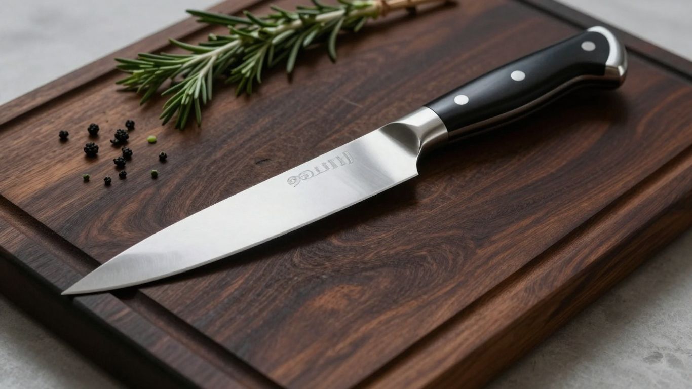 Luxury chef's knife on a wooden cutting board.