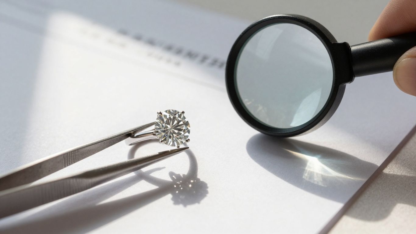 Round diamond ring beside jeweler tools