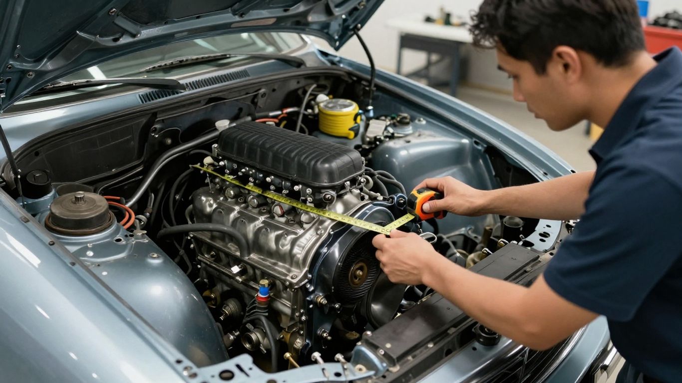 Mechanic measuring engine bay clearance
