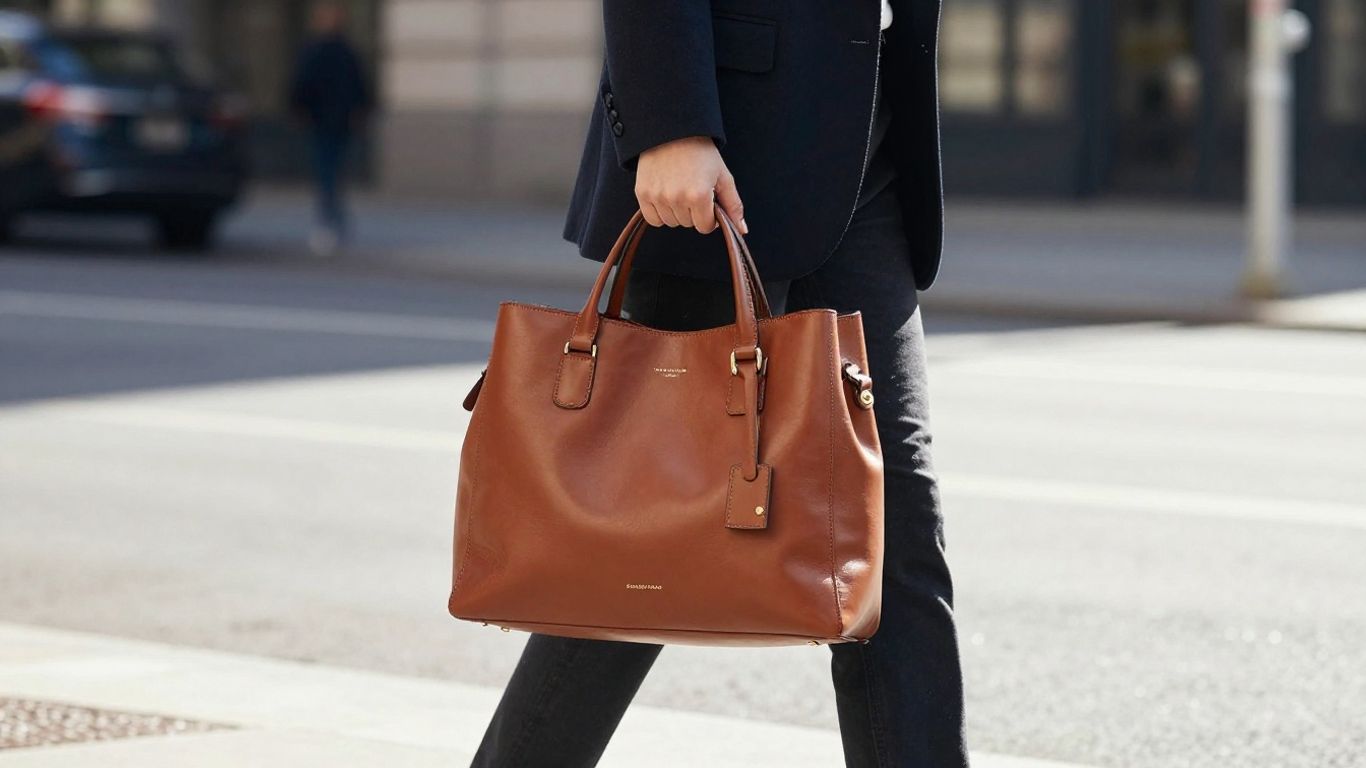 Woman with a caramel leather slouchy shoulder bag.