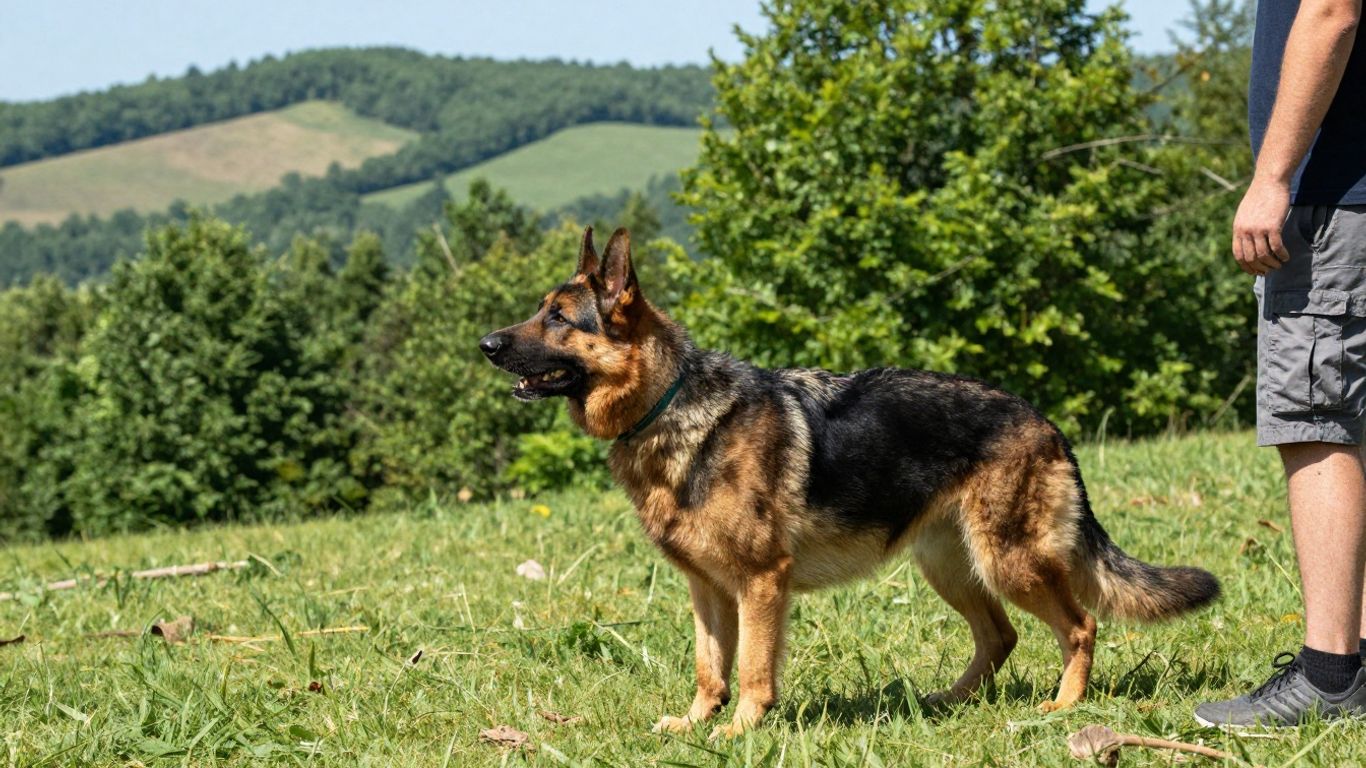 Professional dog training session in a natural outdoor setting.